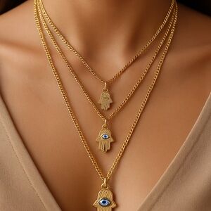 Hamsa Evil Eye Necklace Goldtone 17” long